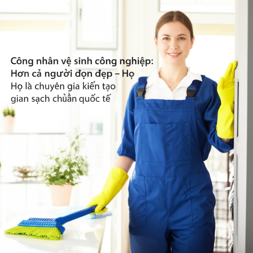 Hình minh họa cho bài viết: Công nhân vệ sinh công nghiệp: Hơn cả người dọn dẹp – Họ là chuyên gia kiến tạo không gian sạch chuẩn quốc tế